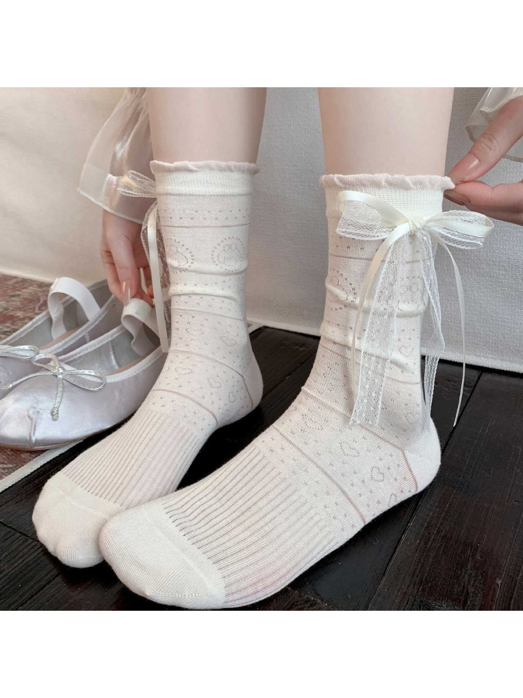 Rufia - Ribbon Bow Openwork Crew Socks
