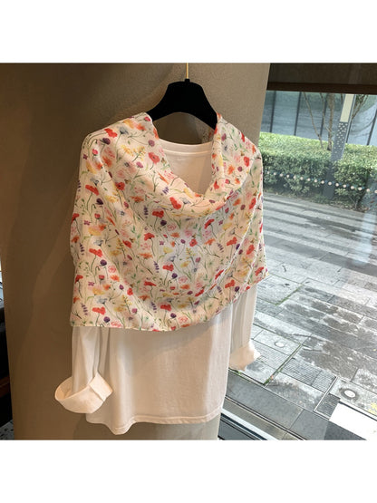Scarvii - Floral Print Rectangular Layering Scarf