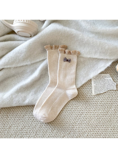 Rufia - Solid Color Bow Detail Casual Crew Socks