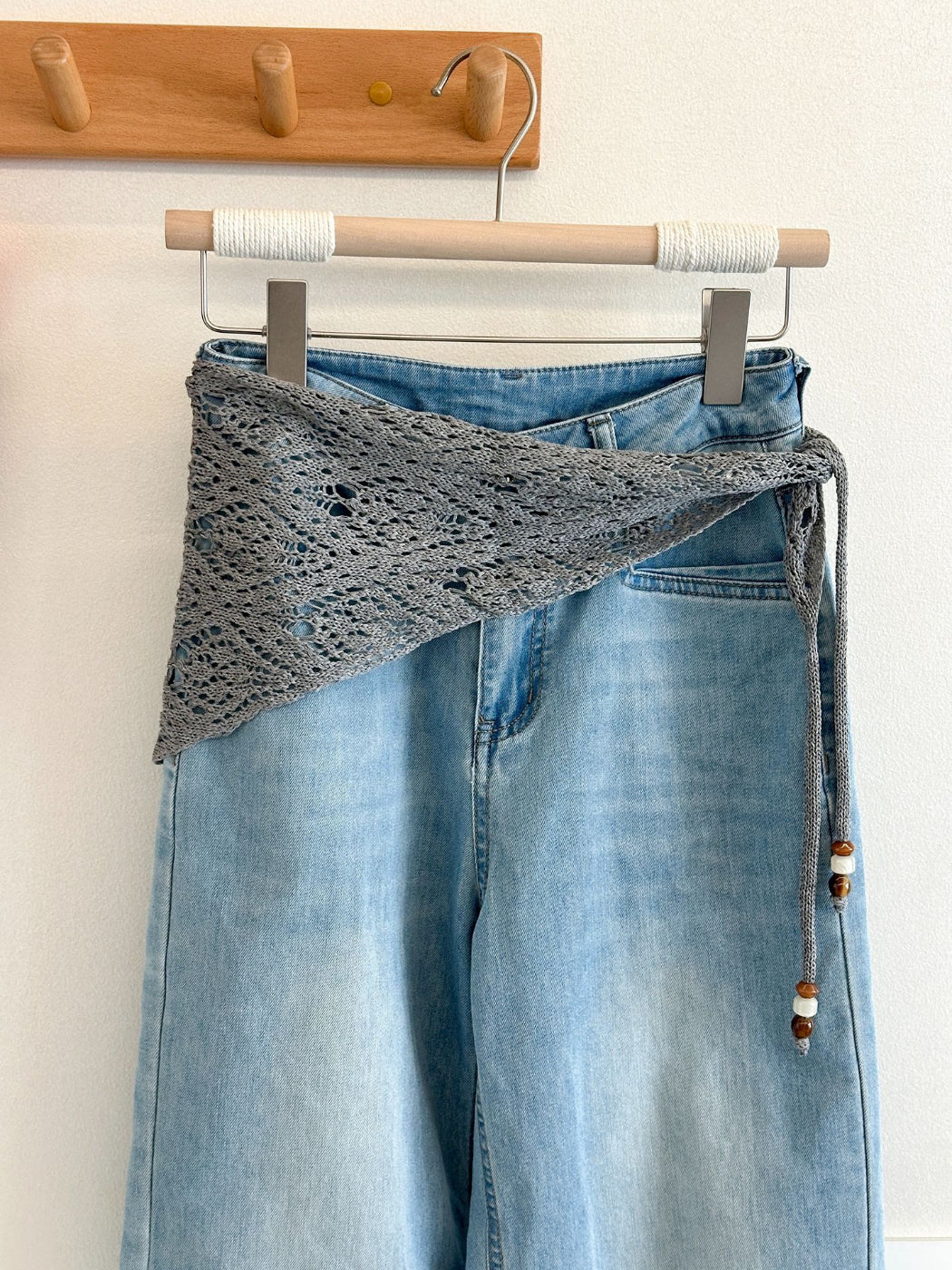 Scarvii - Lace Knit Triangle Scarf with Beaded Ties