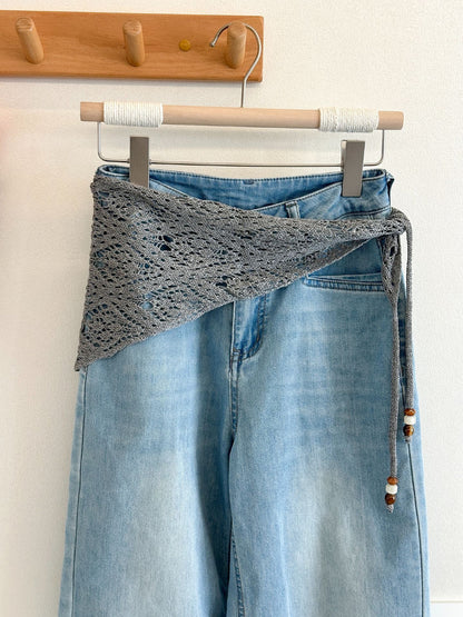 Scarvii - Lace Knit Triangle Scarf with Beaded Ties
