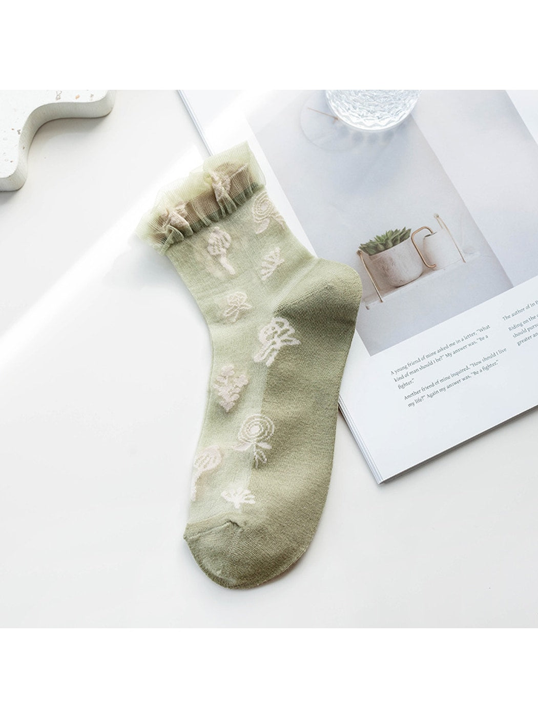 Rufia - Ruffle Cuff Floral Crew Socks