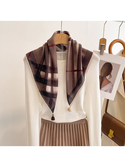 Scarvii - Vintage Diagonal Plaid Print Square Scarf