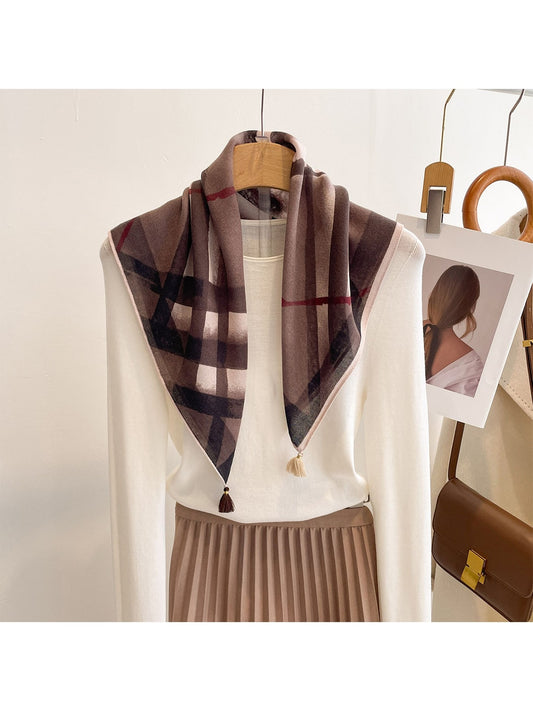 Scarvii - Vintage Diagonal Plaid Print Square Scarf