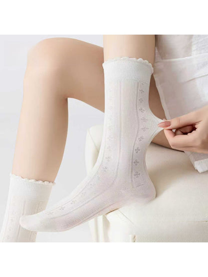 Rufia - Minimalist Solid White Openwork Crew Socks