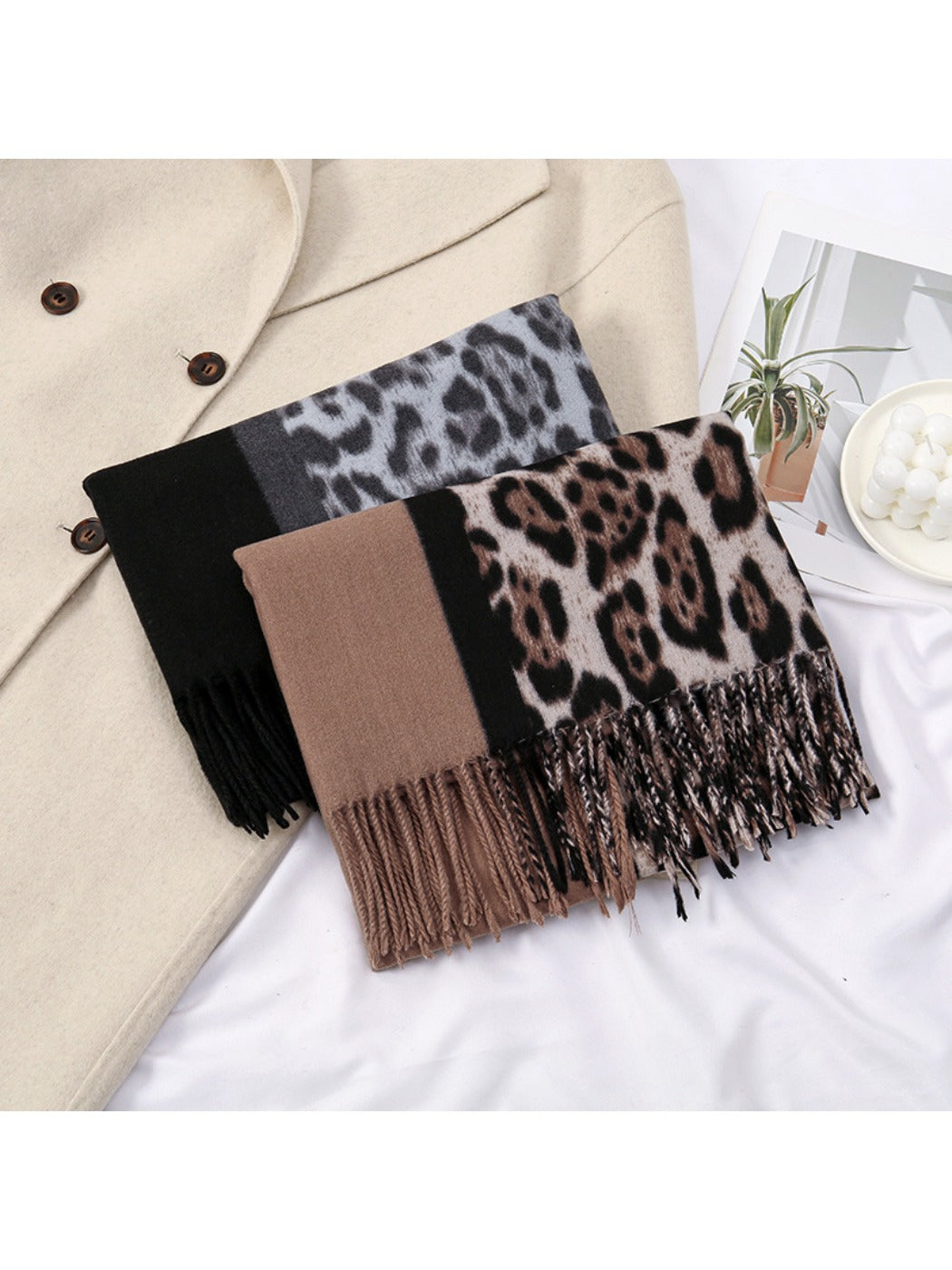Scarvii - Leopard Print Tassel Winter Scarf