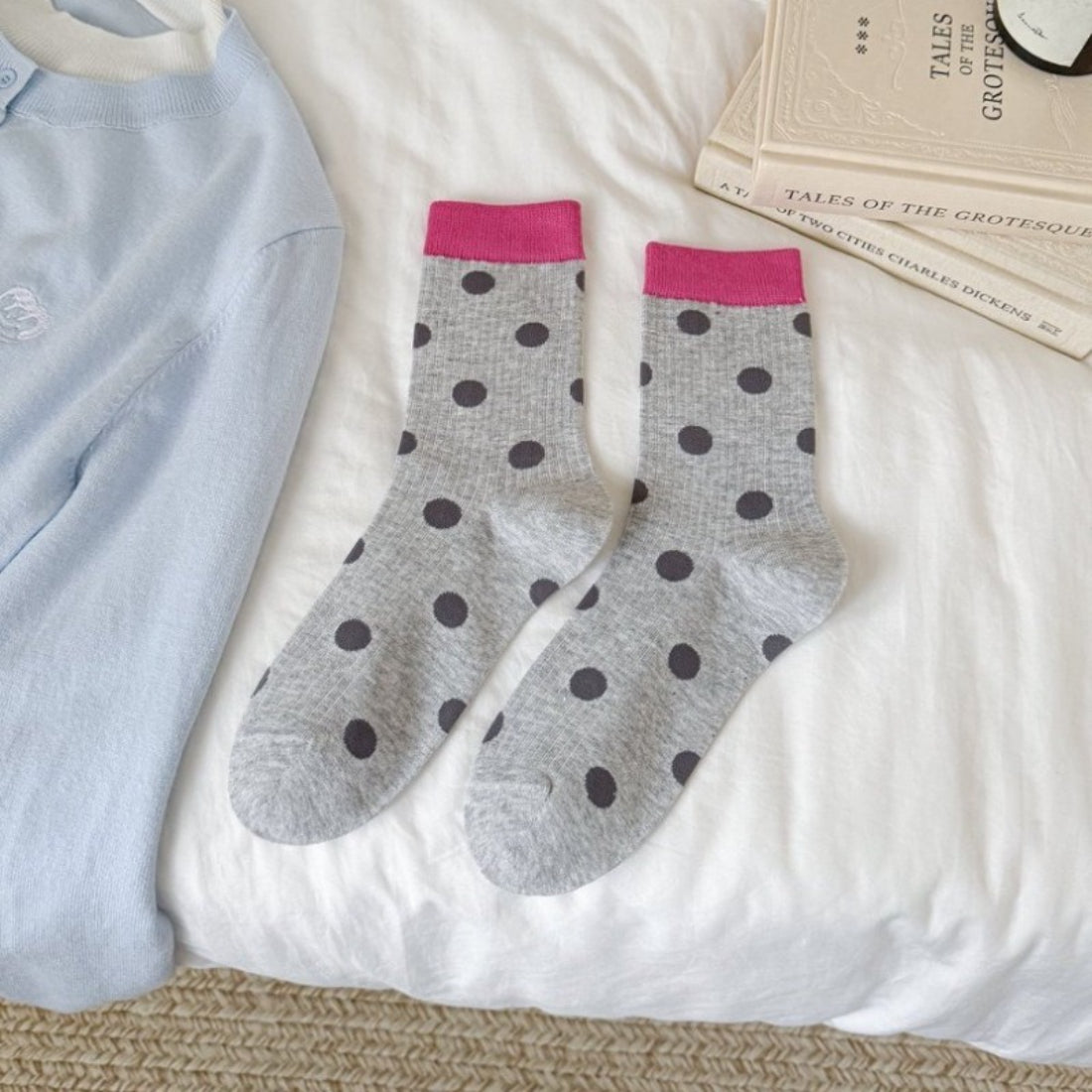 Top view of Rufia Dot Color Block Contrast mid-calf socks showing toe and cuff details