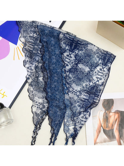 Scarvii - Muted Blue Floral Printed Triangle Bandana