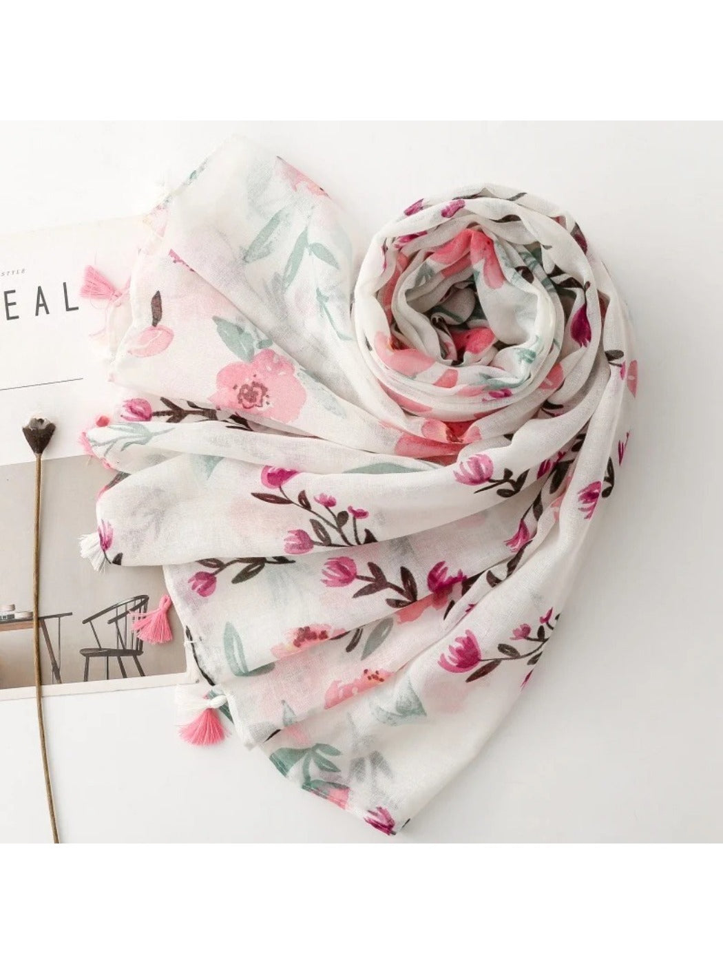 Scarvii - Pink Watercolor Floral Tassel Wrap Scarf