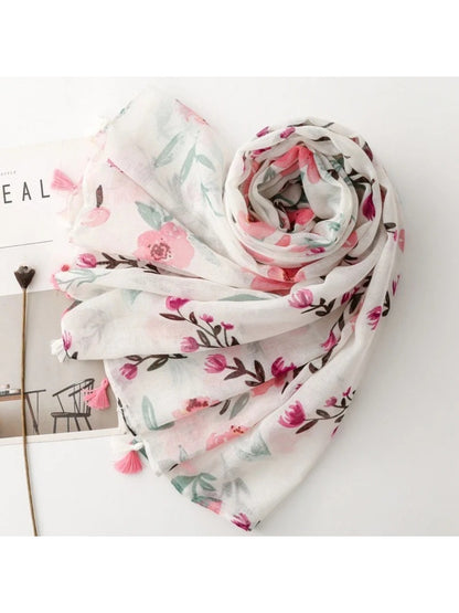 Scarvii - Pink Watercolor Floral Tassel Wrap Scarf