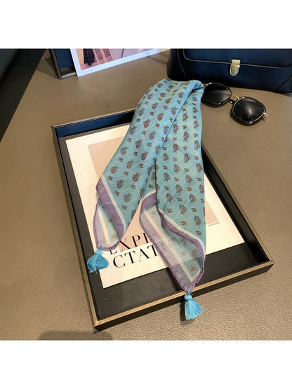 Scarvii - Blue Tone Print Tassel Design Square Scarf