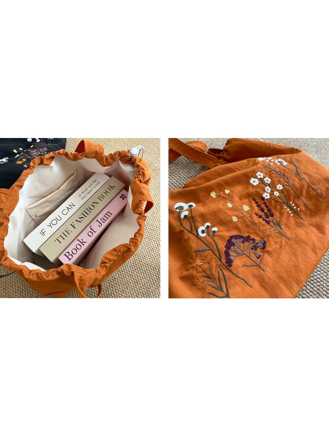 Cosbai - Floral Embroidery Drawstring Tote Bag