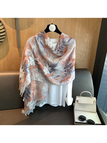 Scarvii - Floral Print Lace Trim Lightweight Wrap Scarf