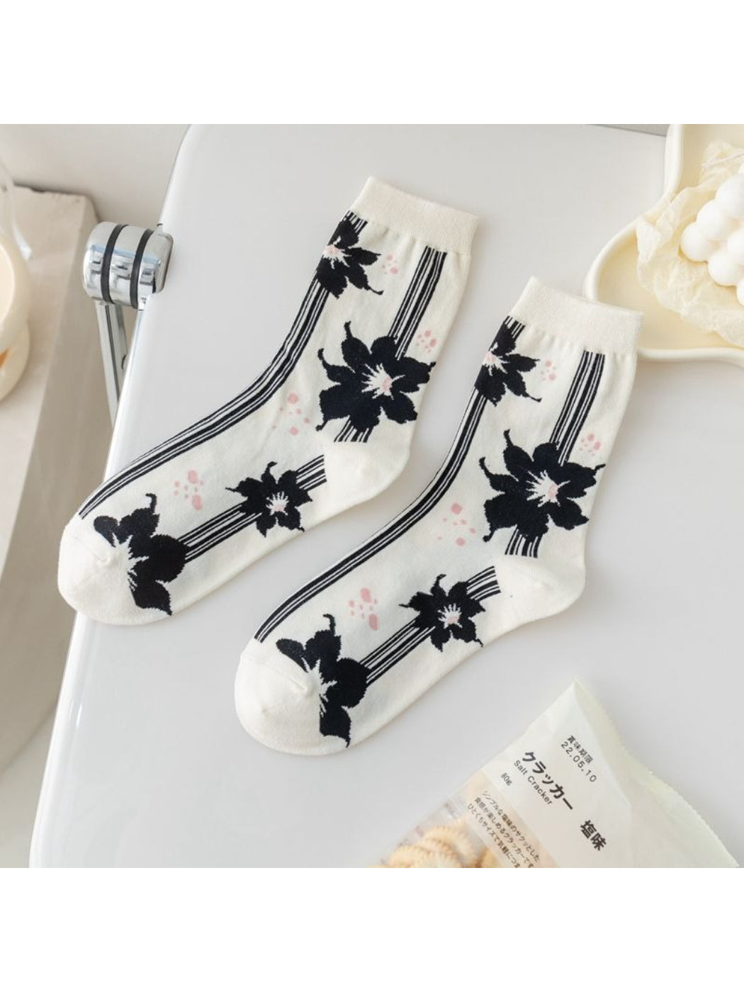 Rufia Painterly Flower Mixed Crew Socks packaging with brand label and floral design visible