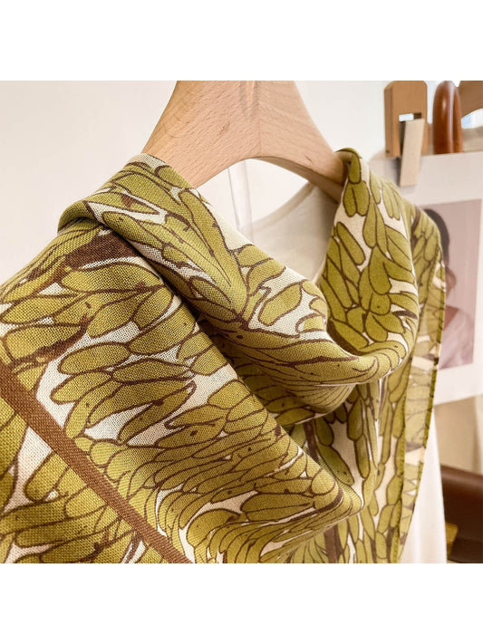 Scarvii - Green Botanical Print Tassel Square Scarf