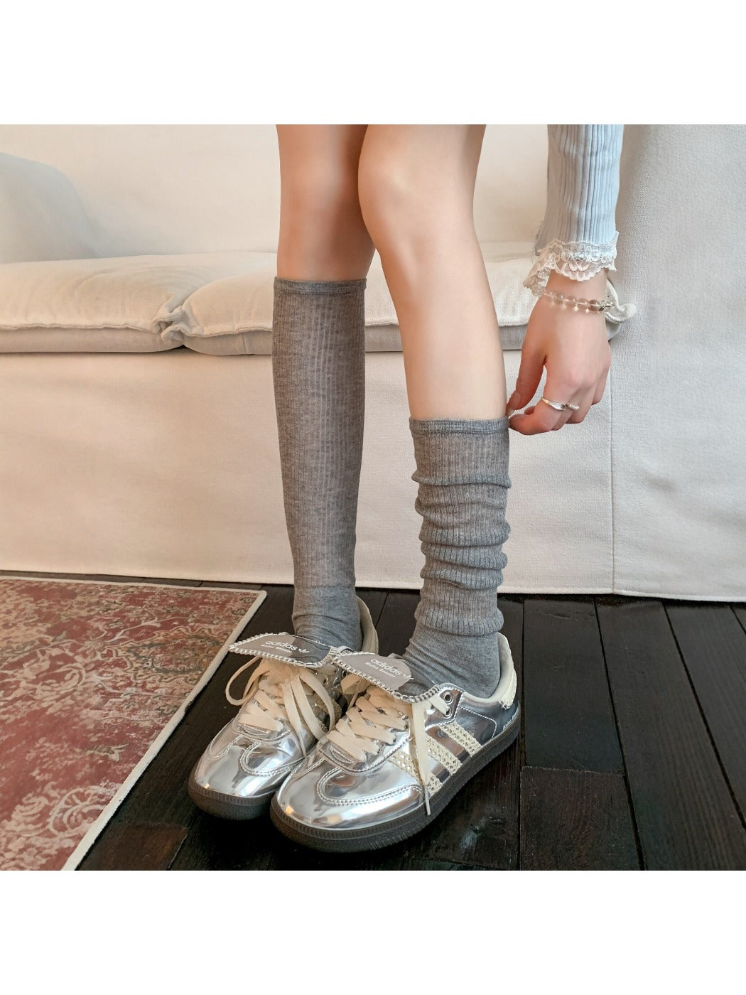 Rufia - Solid Color Ribbed Knee-high Socks