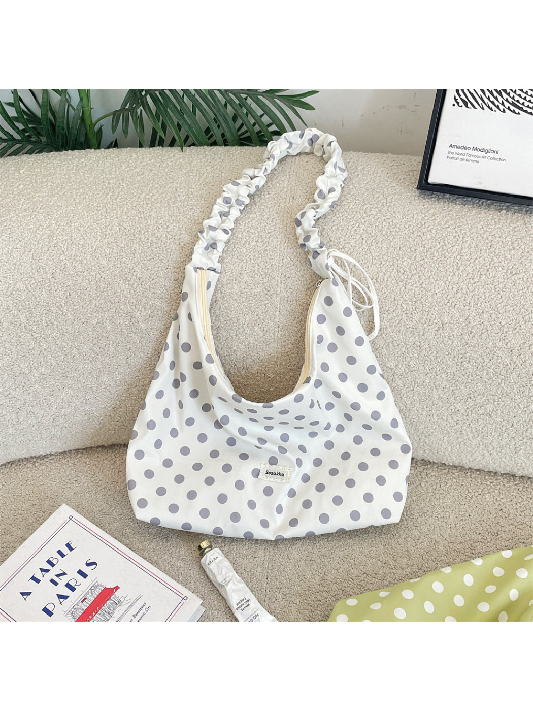 Cosbai - Polka Dot Ruched Strap Hobo Bag