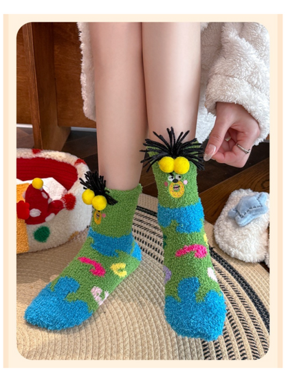 Rufia - Cartoon Face Abstract Fuzzy Crew Socks