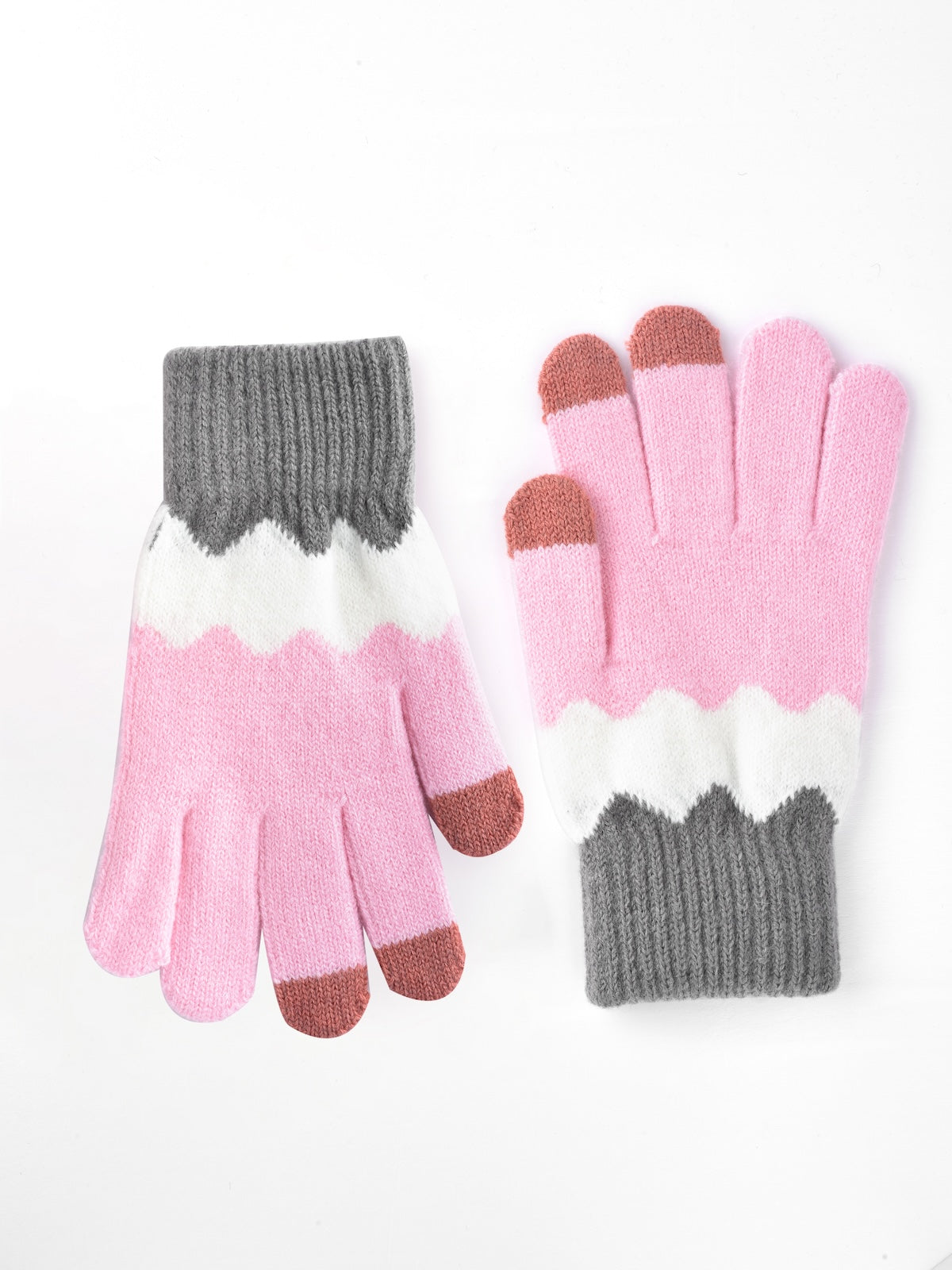 Knitting patchwork touchscreen gloves showing detailed stitching