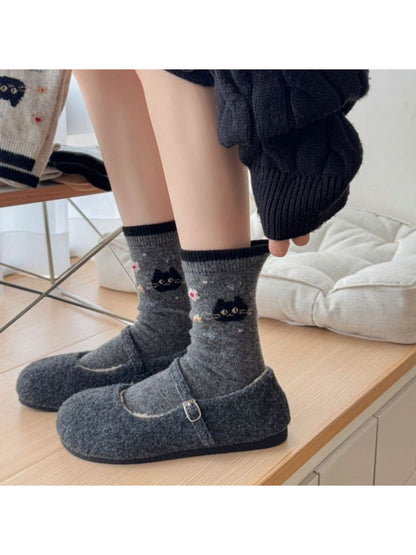 Rufia - Cat and Floral Knit Crew Socks