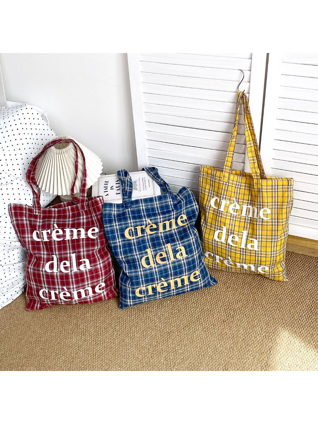 Cosbai plaid tote bag with letter print on beige and brown fabric