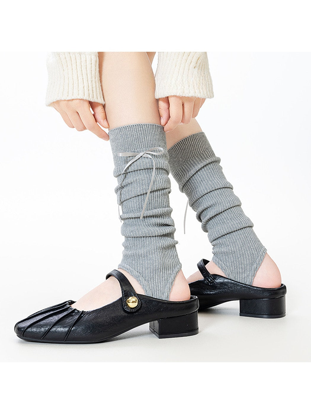 Cozyra - Ribbon-Tie Ribbed Stirrup Leg Warmers