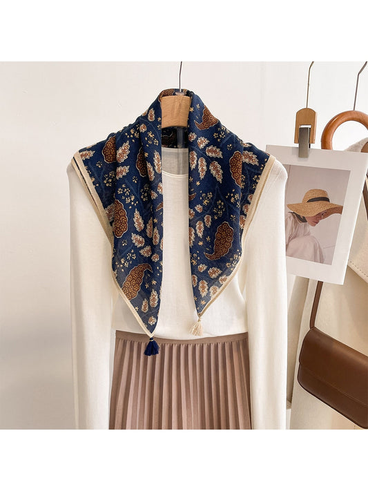 Scarvii - Rustic Floral Printed Tassel Square Scarf