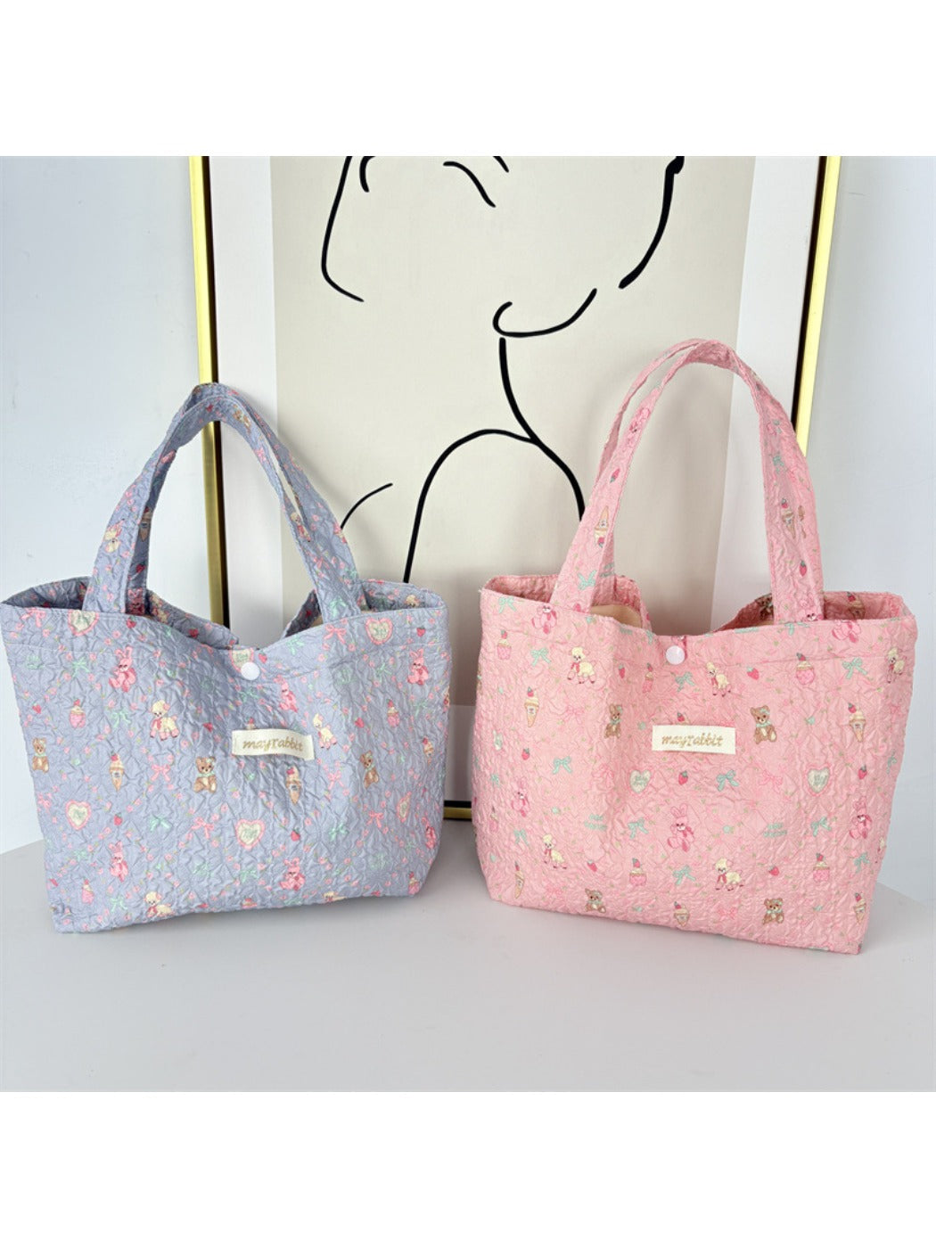 Cosbai – Quilted Floral & Bear Printed Tote Bag