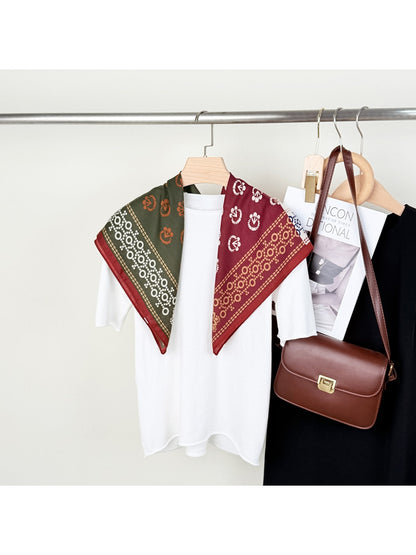Scarvii - Retro Floral Print Colorblock Square Scarf