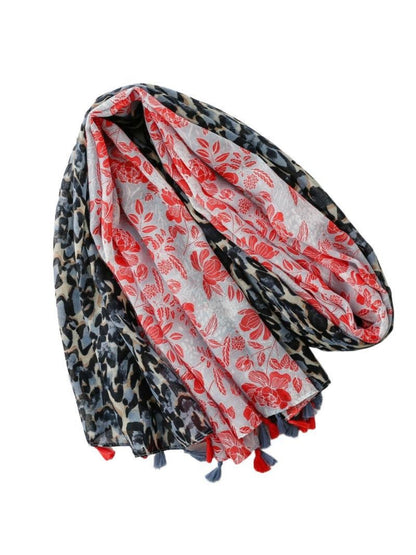 Scarvii - Floral Leopard Print Tassel Wrap Scarf