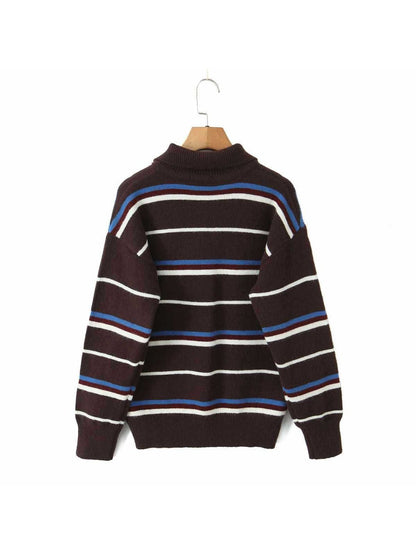 Crosa - Women S Fall Striped Turn Collar Knit Sweater