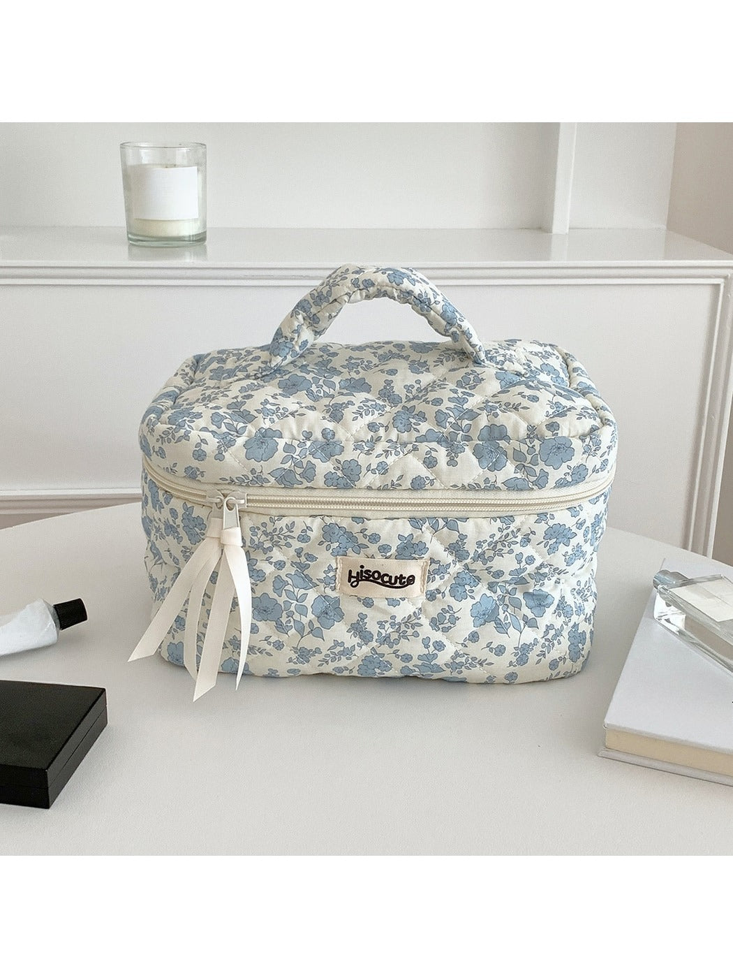 Cosbai - Blue Floral Handheld Cosmetic Organizer Bag