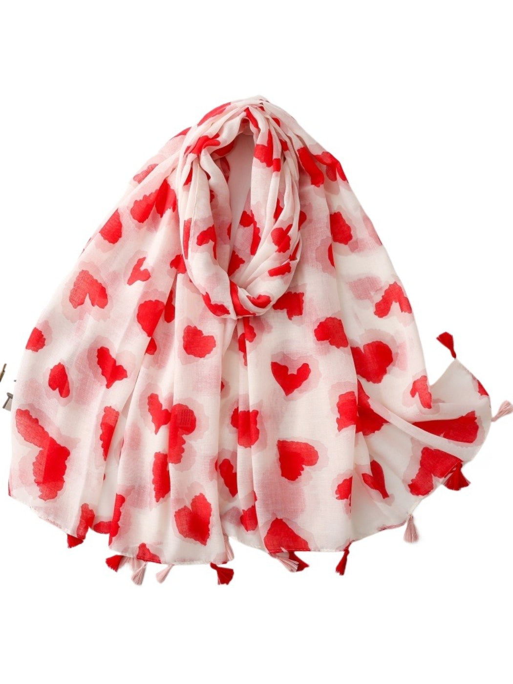 Scarvii Heart Print Tassel Scarf folded showing red and pink heart pattern