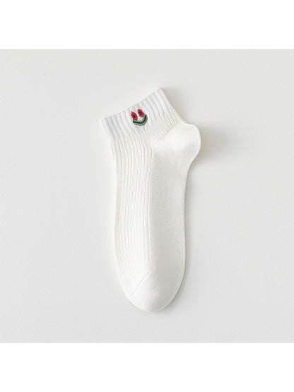 Rufia - Smiley Face Embroidered Ribbed Ankle Socks