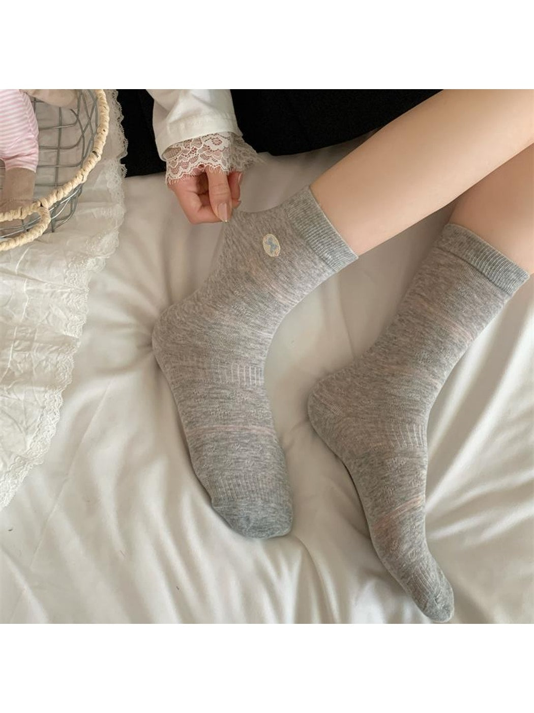 Rufia - Bow Embroidered Solid Color Crew Socks