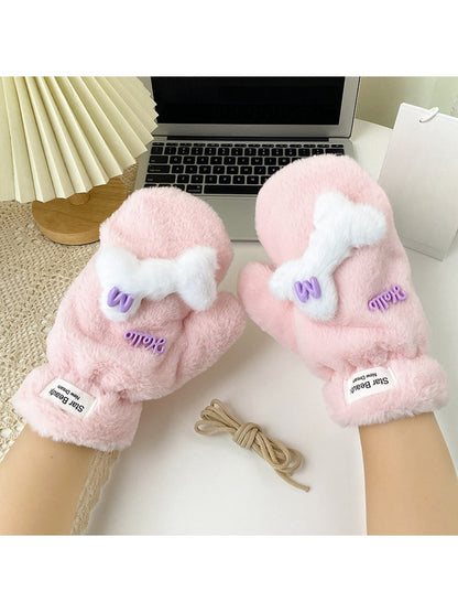 Gloving - Cute Bone Accent Plush Winter Mittens