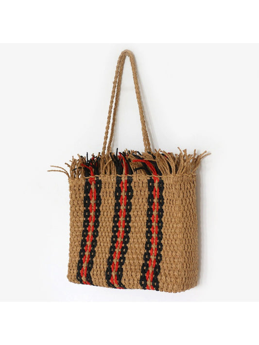 Cosbai - Fringe Stripe Straw Tote Bag