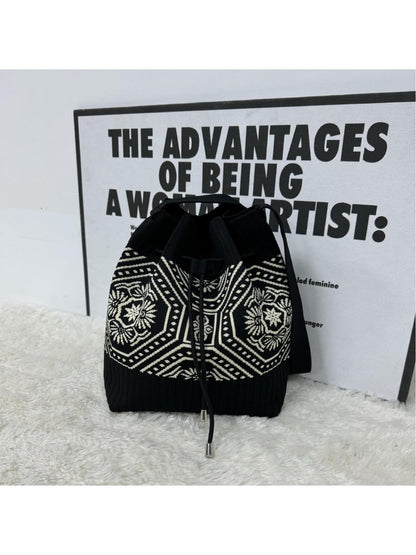 Cosbai - Knitted Shoulder Bag with Retro Style Featuring Drawstrings