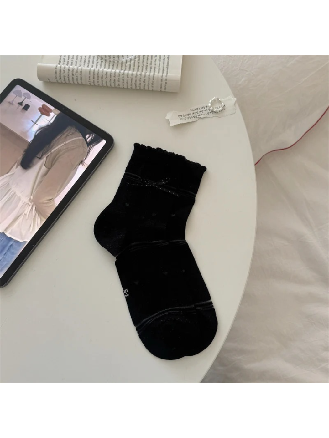 Rufia - Pointelle Ruffle Crew Socks with Ribbon Detail