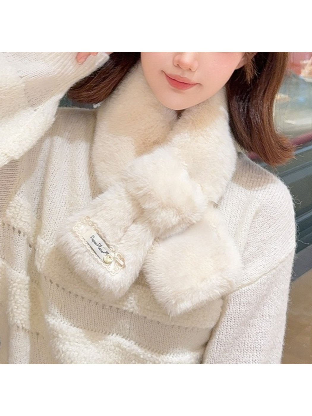 Scarvii - Fuzzy Lace-Trimmed Patch Pull-Through Scarf