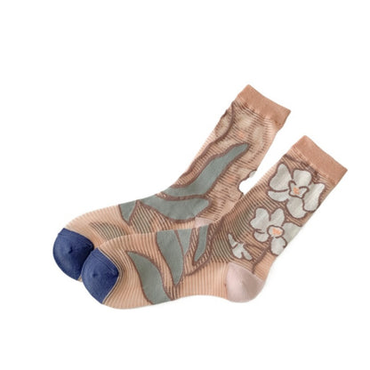 Rufia - Lace Flower Color-block Crew Socks - Sweet & Retro