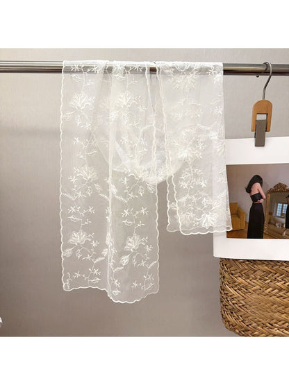 Scarvii - Embroidered Mesh Oblong Scarf with Floral Detail