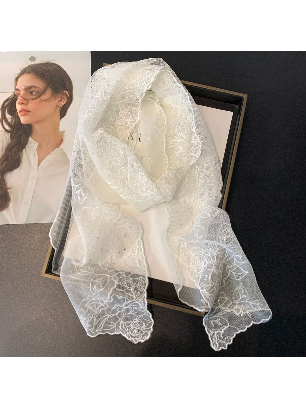Scarvii - Floral Embroidered Solid Color Long Scarf