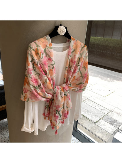 Scarvii - Floral Print Draped Shawl Scarf