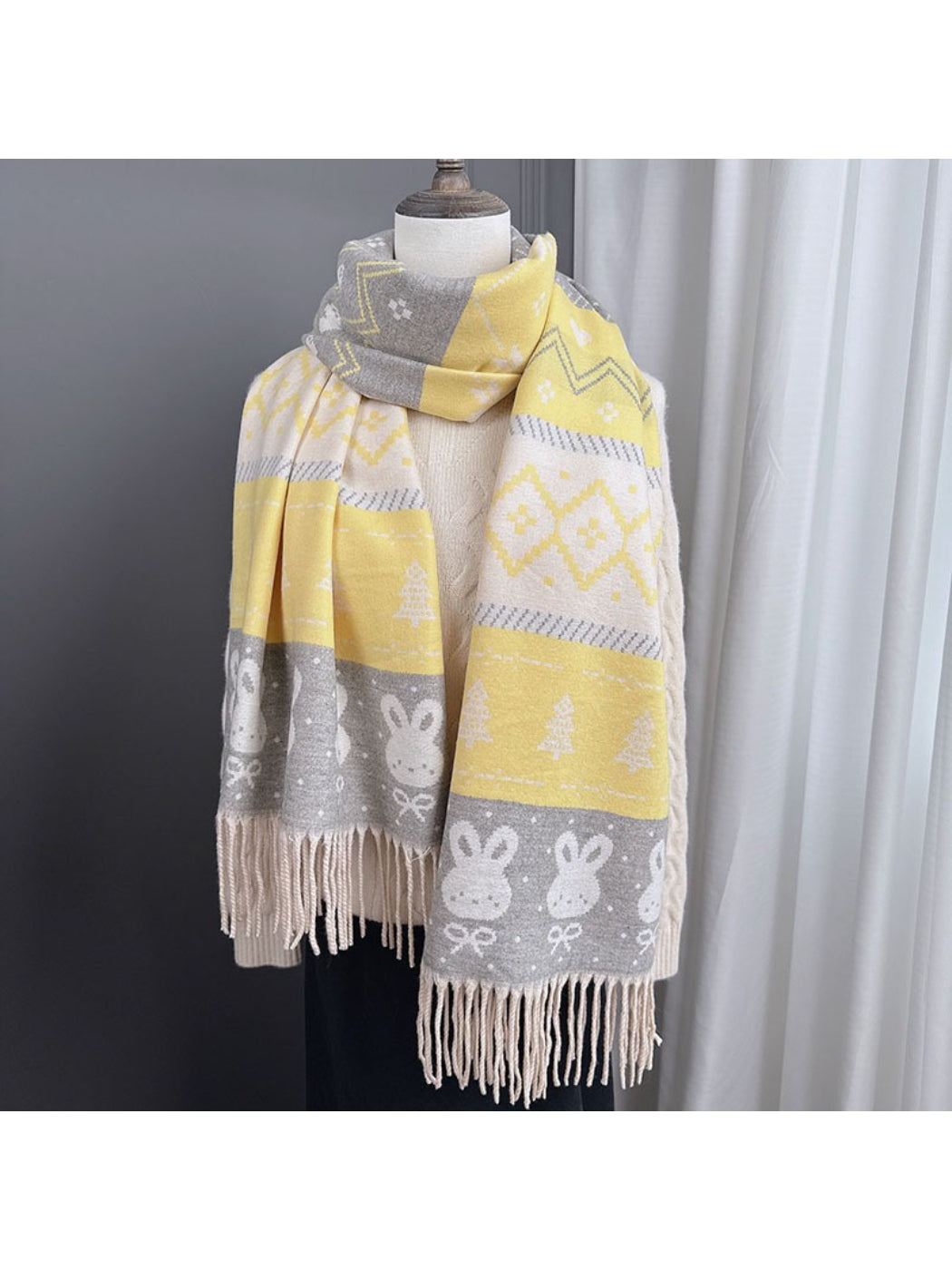 Scarvii - Cozy Bunny Motif Fringe Scarf