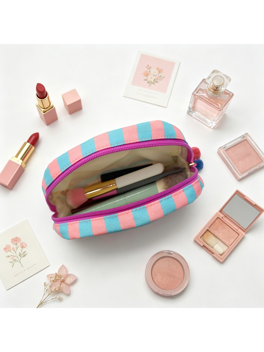 Cosbai - Striped Half-moon Cosmetic Organizer Bag