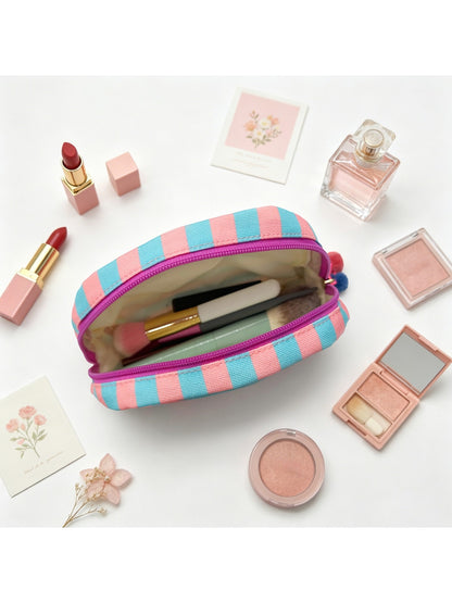 Cosbai - Striped Half-moon Cosmetic Organizer Bag
