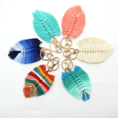 Koco Handwoven Leaf Tassel Keychain with tassel detail
