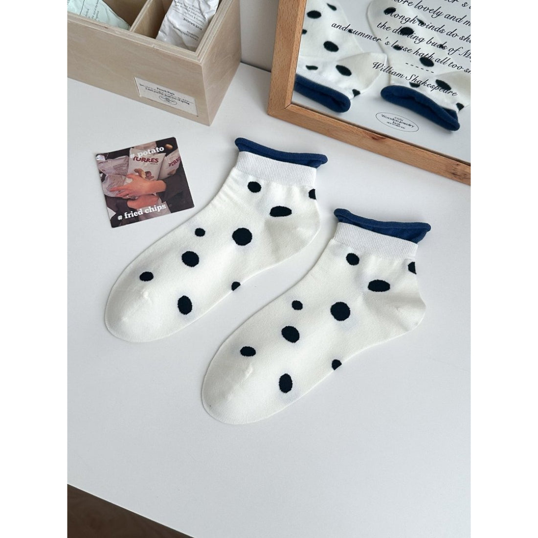 Rufia Soft Spot Pattern Crew Socks paired with sneakers on a tiled floor