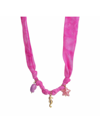 Fabric necklace with summer charms laid flat to display design and colors